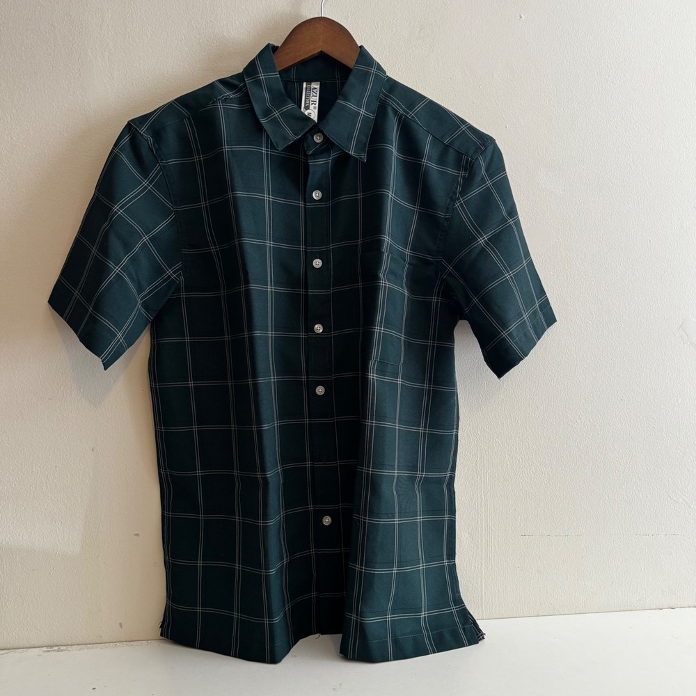 Azur Men's Green Windowpane Plaid Short Sleeve Button Down Shirt Size M